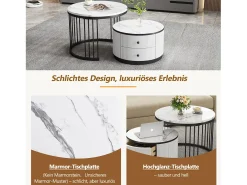 Conjunto de 2 mesas de centro encaixáveis com 2 gavetas - 60 x 60 x 45,5 cm + 50 x 50 x 32 cm - Aspecto de mármore brilhante - MDF - Preto e branco