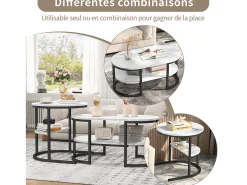 Conjunto de 2 mesas de centro encaixáveis escandinavas - oval, estampa de mármore, prateleiras de armazenamento, estrutura de metal preta