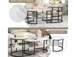 Conjunto de 2 mesas de centro encaixáveis escandinavas - oval, estampa de mármore, prateleiras de armazenamento, estrutura de metal preta