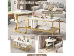 Conjunto de 2 mesas de centro encaixáveis, mesa encaixável com design de mármore, estrutura de metal dourado