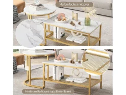 Conjunto de 2 mesas de centro encaixáveis, mesa encaixável com design de mármore, estrutura de metal dourado