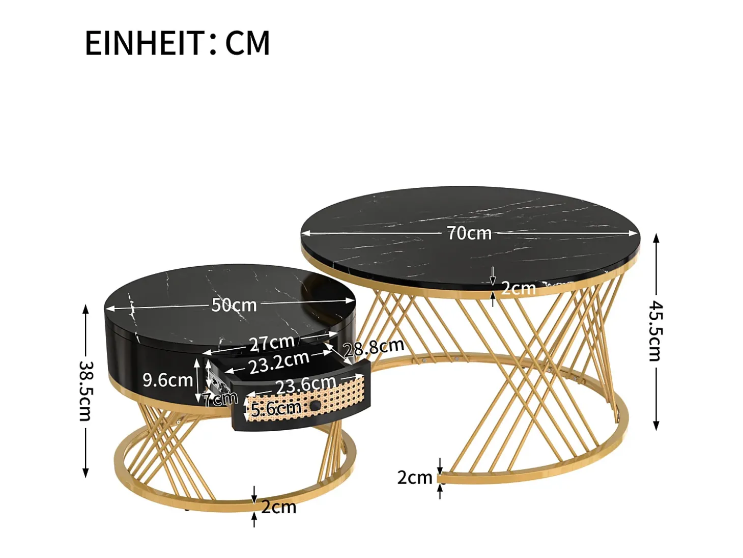 Conjunto de 2 mesas de centro redondas 2 em 1 - Estrutura em metal dourado / gaveta em rattan - Preta