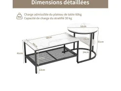 Conjunto de 2 mesas de centro encaixáveis, mesa encaixável com design de mármore, estrutura de metal preto