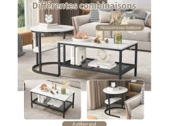 Conjunto de 2 mesas de centro encaixáveis, mesa encaixável com design de mármore, estrutura de metal preto