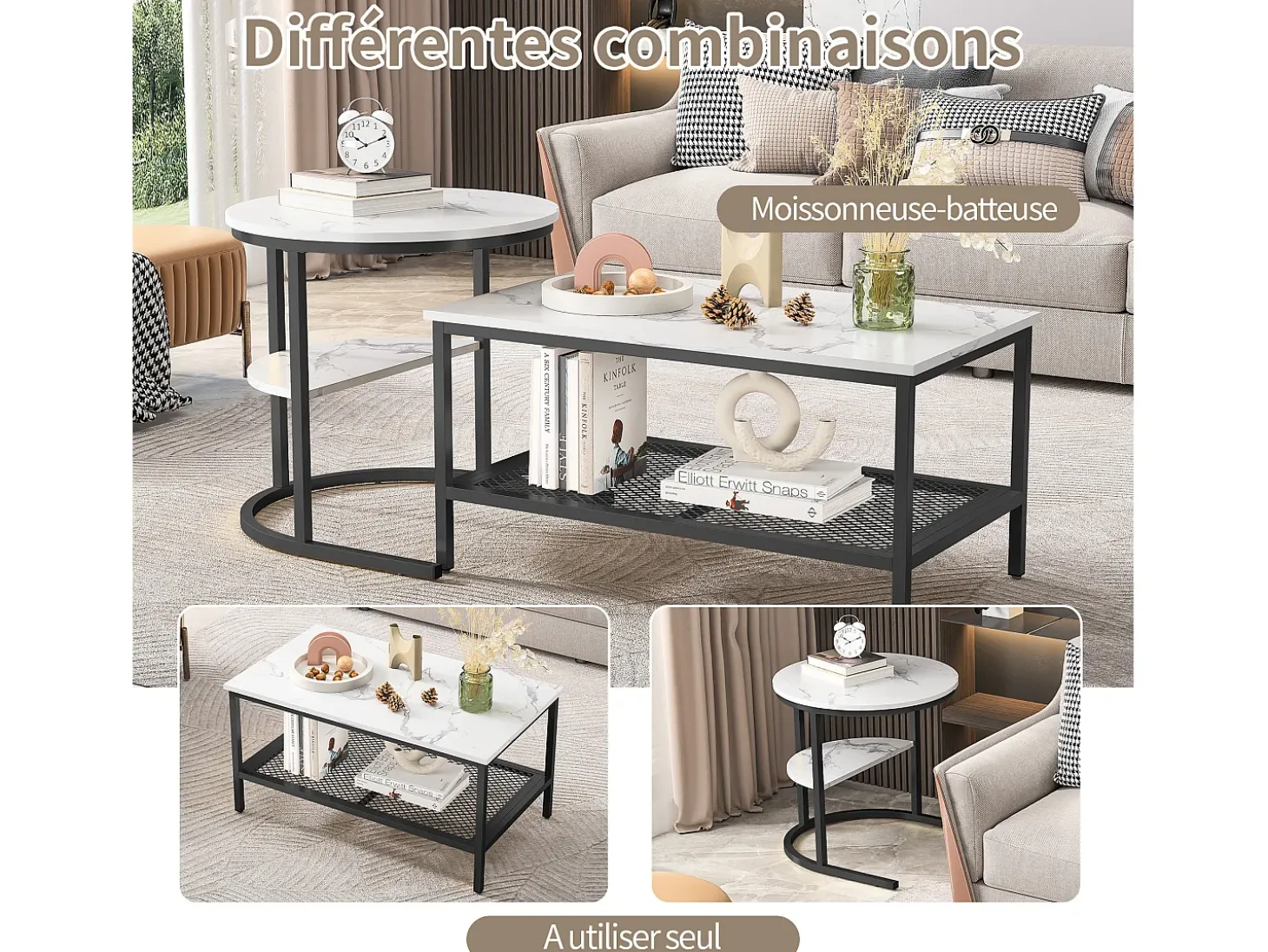 Conjunto de 2 mesas de centro encaixáveis, mesa encaixável com design de mármore, estrutura de metal preto