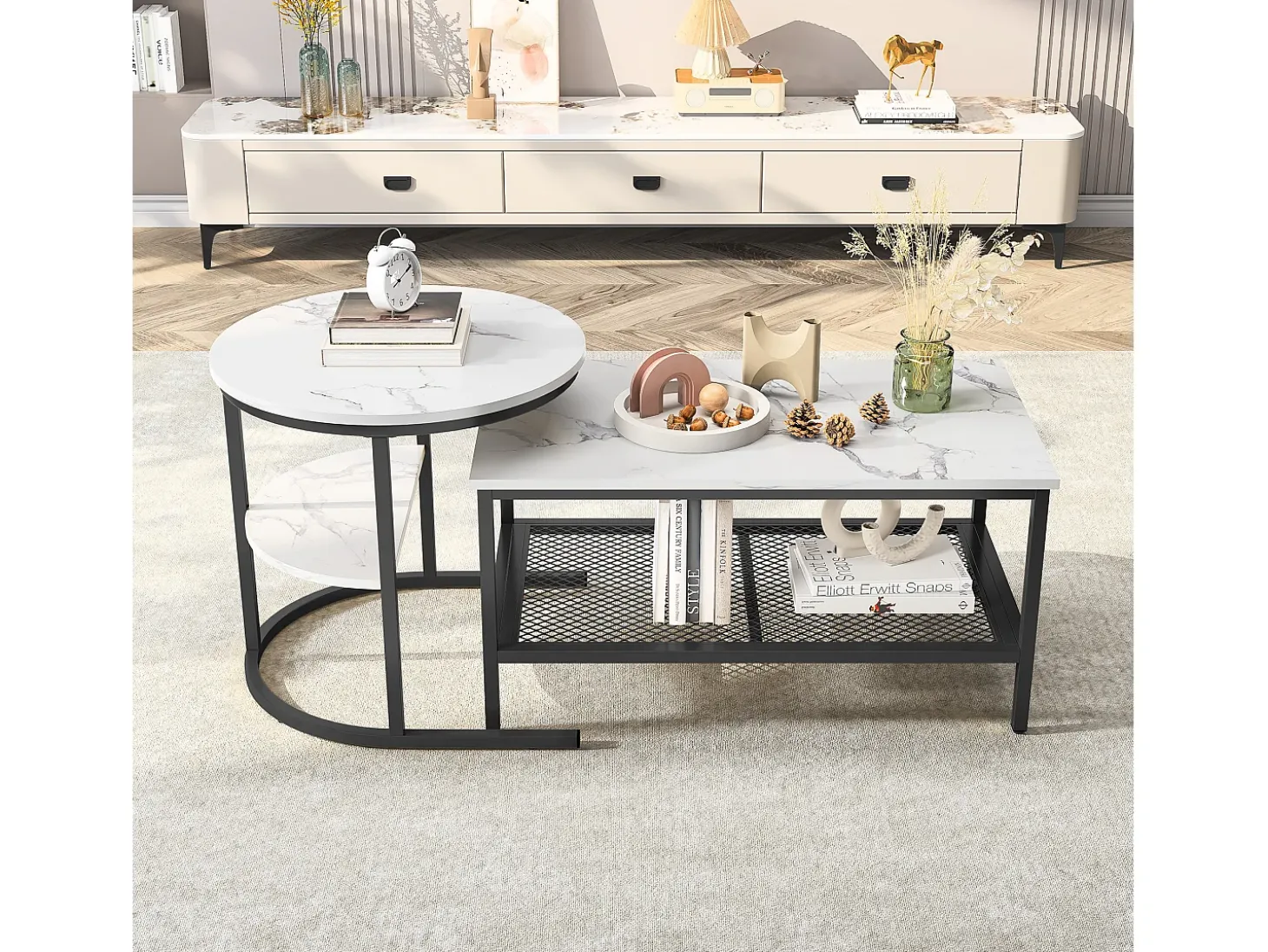 Conjunto de 2 mesas de centro encaixáveis, mesa encaixável com design de mármore, estrutura de metal preto