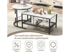 Conjunto de 2 mesas de centro encaixáveis, mesa encaixável com design de mármore, estrutura de metal preto