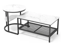 Conjunto de 2 mesas de centro encaixáveis, mesa encaixável com design de mármore, estrutura de metal preto