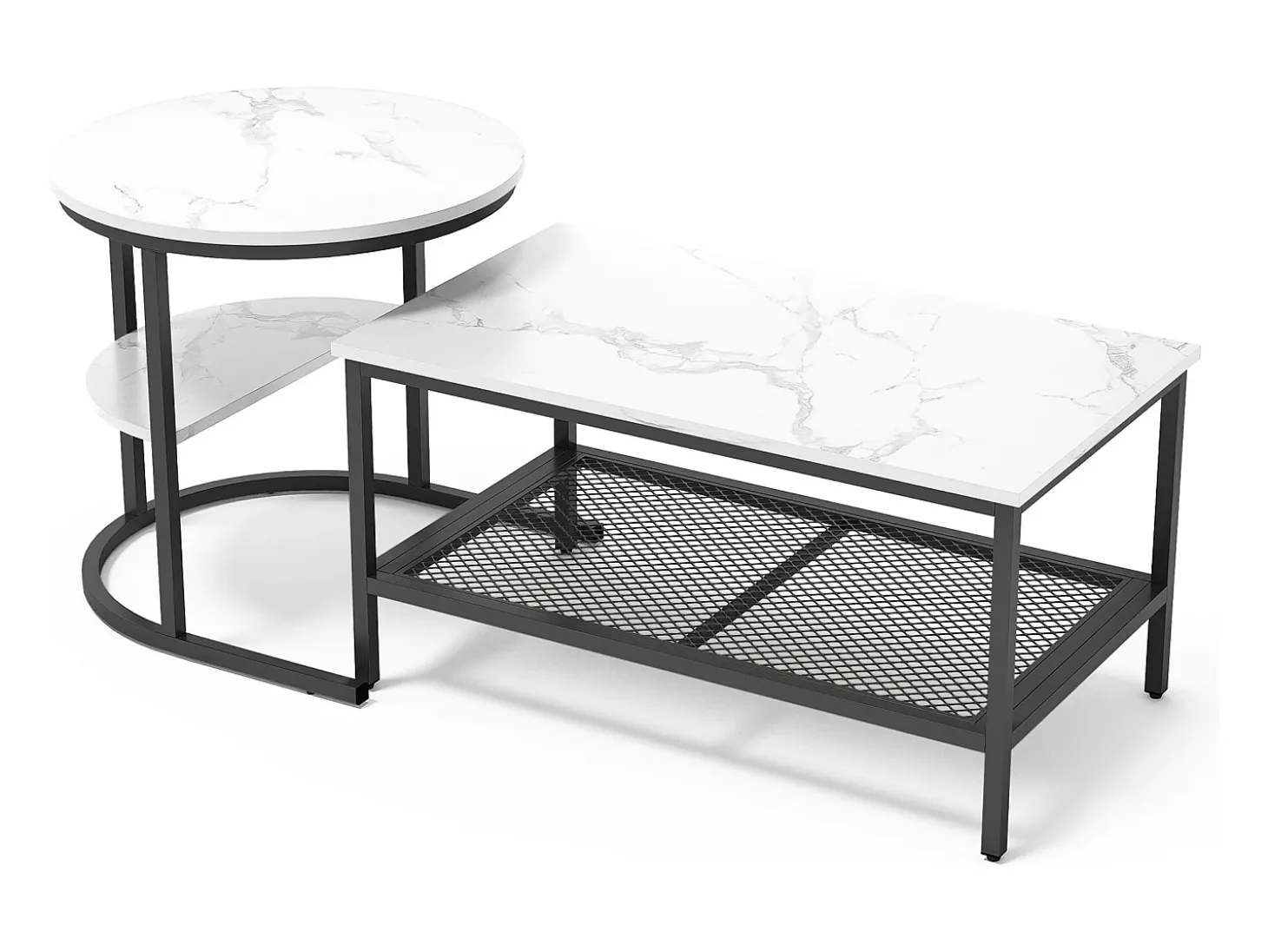 Conjunto de 2 mesas de centro encaixáveis, mesa encaixável com design de mármore, estrutura de metal preto