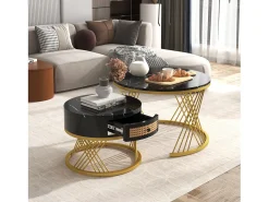 Conjunto de 2 mesas de centro encastradas com gaveta - madeira MDF e metal - tampo padrão mármore - preto