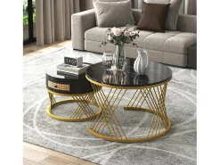Conjunto de 2 mesas de centro encastradas com gaveta - madeira MDF e metal - tampo padrão mármore - preto