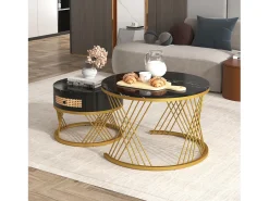 Conjunto de 2 mesas de centro encastradas com gaveta - madeira MDF e metal - tampo padrão mármore - preto