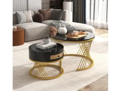 Conjunto de 2 mesas de centro encastradas com gaveta - madeira MDF e metal - tampo padrão mármore - preto