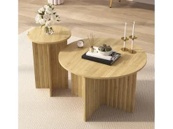 Conjunto de 2 mesas de centro - tampo redondo - aspecto madeira - MDF + painéis de partículas - Natural