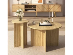 Conjunto de 2 mesas de centro - tampo redondo - aspecto madeira - MDF + painéis de partículas - Natural