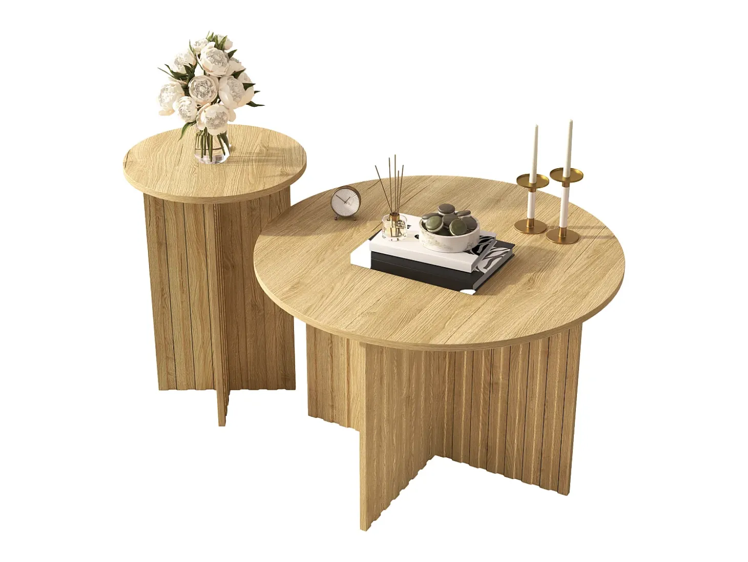 Conjunto de 2 mesas de centro - tampo redondo - aspecto madeira - MDF + painéis de partículas - Natural