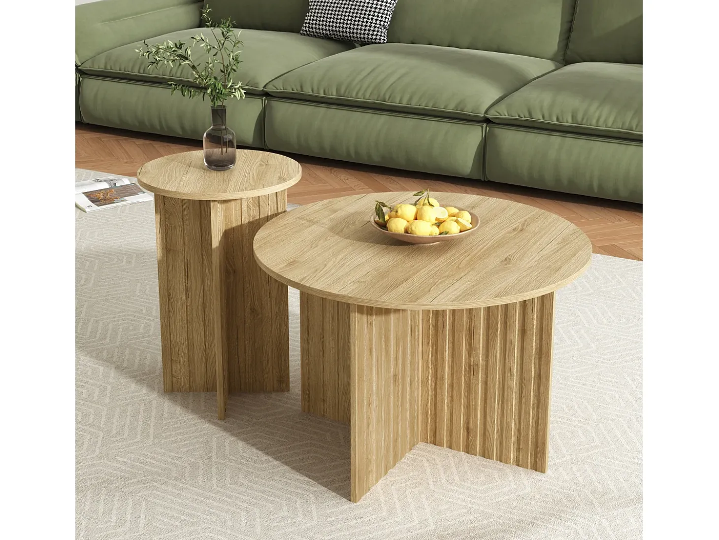 Conjunto de 2 mesas de centro - tampo redondo - aspecto madeira - MDF + painéis de partículas - Natural