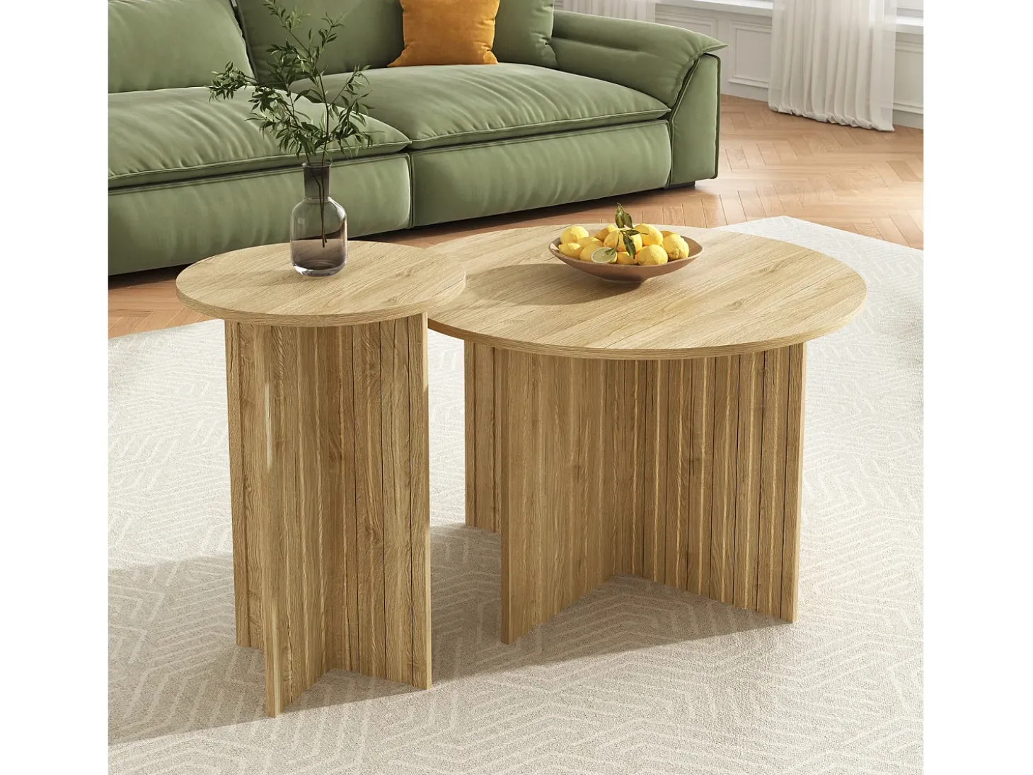 Conjunto de 2 mesas de centro - tampo redondo - aspecto madeira - MDF + painéis de partículas - Natural