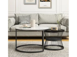 Conjunto de 2 mesas de centro redondas modernas - mármore e metal, elegantes para sala de estar, escritório, varanda