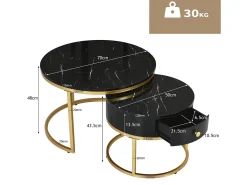 Conjunto de 2 mesas de encastrar com gaveta - folheado com padrão mármore - aspecto brilhante - Preto