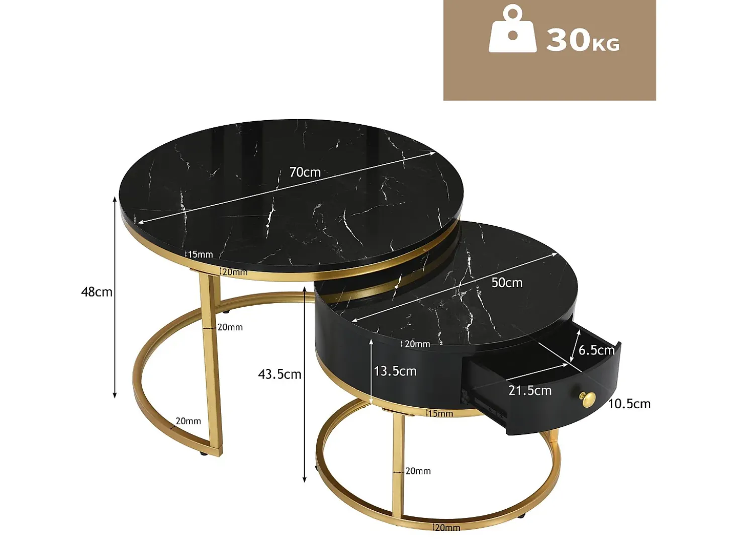 Conjunto de 2 mesas de encastrar com gaveta - folheado com padrão mármore - aspecto brilhante - Preto