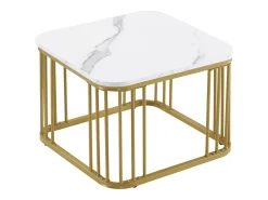 Conjunto de 2 mesas de encastrar - tampo em MDF com padrão mármore - pés dourados - Branco e Dourado