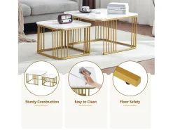 Conjunto de 2 mesas de encastrar - tampo em MDF com padrão mármore - pés dourados - Branco e Dourado