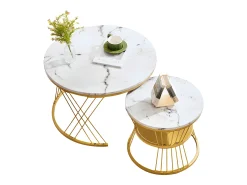 Conjunto de 2 mesas de encastrar - folheado com padrão mármore - estrutura dourada - Branco