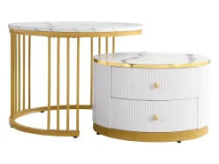 Conjunto de 2 mesas de encastrar - 2 gavetas - tampo em mármore - Branco e Dourado