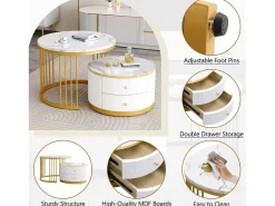 Conjunto de 2 mesas de encastrar - 2 gavetas - tampo em mármore - Branco e Dourado
