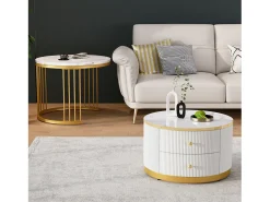 Conjunto de 2 mesas de encastrar - 2 gavetas - tampo em mármore - Branco e Dourado