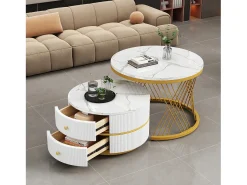 Conjunto de 2 mesas de encaixe com 2 gavetas, tampo com efeito mármore - Branco e dourado