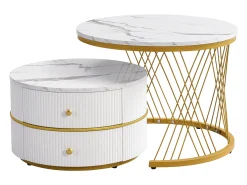 Conjunto de 2 mesas de encaixe com 2 gavetas, tampo com efeito mármore - Branco e dourado
