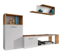 Conjunto de 3 móveis design para sua sala de estar, coleção MOZES. Cores branco e carvalho.