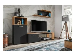 Conjunto de 3 móveis design para a sua sala de estar, coleção MOZES. Cores preto e carvalho.