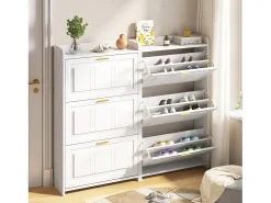 Conjunto de 2 móveis para sapatos 140x24x120 cm - 6 portas basculantes - 12 compartimentos - MDF e painéis de partículas - Branco