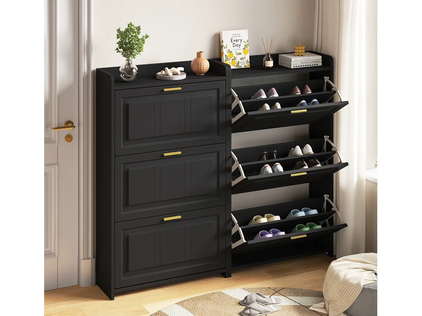 Conjunto de 2 móveis para sapatos 140x24x120 cm - 6 portas basculantes - 12 compartimentos - MDF e painéis de partículas - Preto