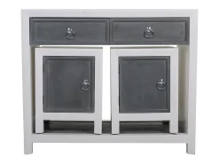 Conjunto de 3 peças: Mesa de entrada e dois bancos de madeira, laqueados em branco e cinza.