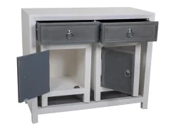 Conjunto de 3 peças: Mesa de entrada e dois bancos de madeira, laqueados em branco e cinza.