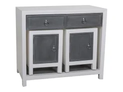 Conjunto de 3 peças: Mesa de entrada e dois bancos de madeira, laqueados em branco e cinza.