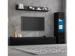 Conjunto de 3 peças para parede de TV - Suporte para TV + Vitrine + Prateleira - Preto