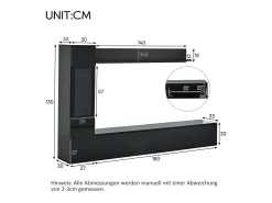 Conjunto de 3 peças para parede de TV - Suporte para TV + Vitrine + Prateleira - Preto
