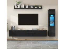 Conjunto de 3 peças para parede com TV e LEDs - 1 suporte para TV + 1 cristaleira + 1 prateleira de parede - aglomerado - preto