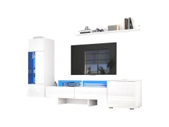 Conjunto de 3 peças para TV de parede com acabamento brilhante - suporte para TV + armário de parede + prateleira de parede - com LEDs - aglomerado - branco