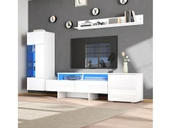 Conjunto de 3 peças para TV de parede com acabamento brilhante - suporte para TV + armário de parede + prateleira de parede - com LEDs - aglomerado - branco