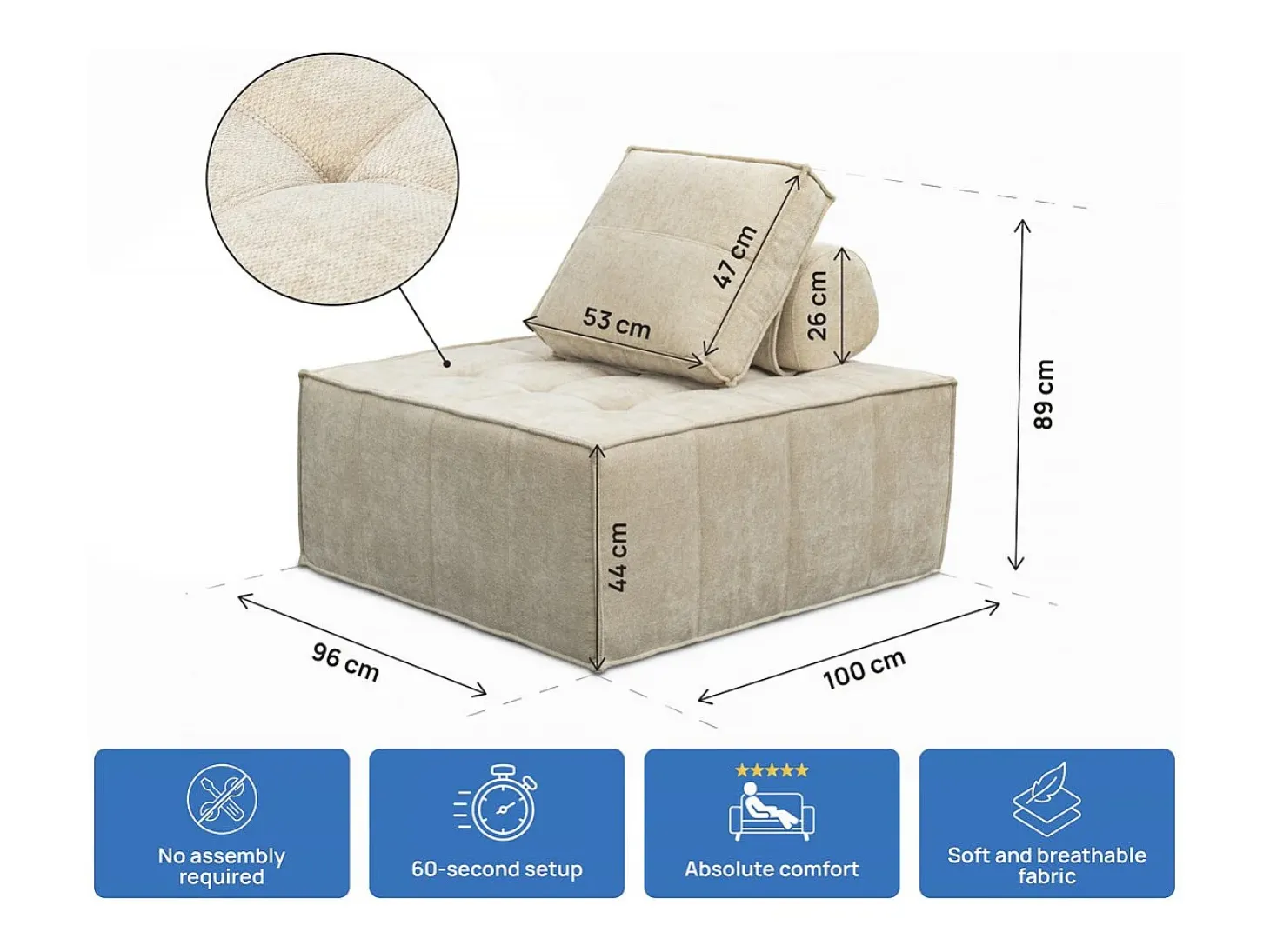 Conjunto de 3 poltronas modulares em tecido texturado "Velluto" - Bege