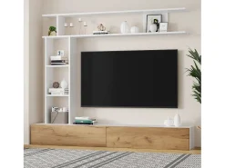 Conjunto de armário de parede - 180 x 35 x 150 cm - com móvel de TV + 2 prateleiras de parede - aglomerado - branco + natural