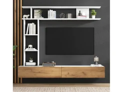 Conjunto de armário de parede - 180 x 35 x 150 cm - com móvel de TV + 2 prateleiras de parede - aglomerado - branco + natural