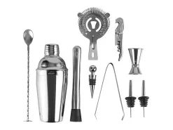 Conjunto de Cocktail 10 peças inox 18/10 com suporte de bambu natural - Shaker, colher, pilão, doseador, pinça para gelo