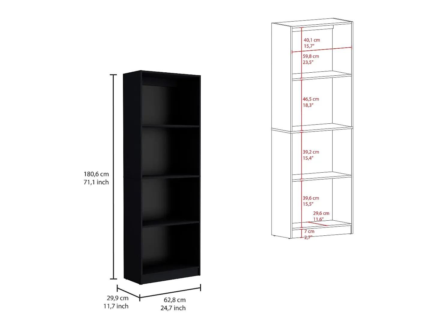 Conjunto de estante de escritório em melamina de 3 peças com prateleiras, 180.6 cm X 188.4 cm X 29.9 cm , Preto